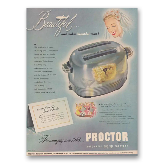 1948 Proctor Toaster Automatic Pop Up Toaster Beautiful Vintage Magazine Print Ad