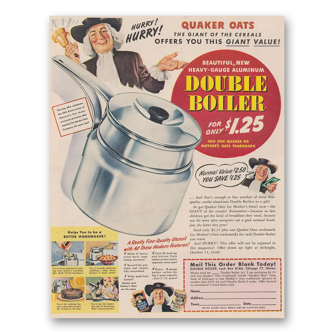 1948 Quaker Oats Double Boiler Vintage Magazine Print Ad