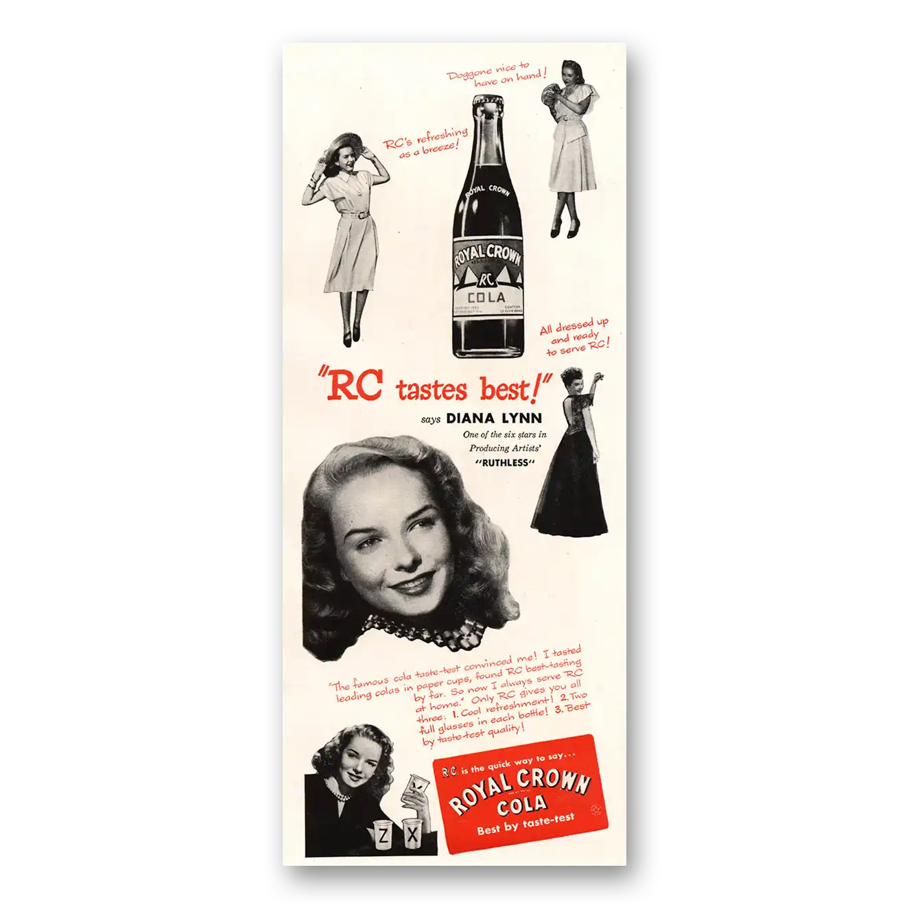 1948 Royal Crown Cola Diana Lynn Ruthless Vintage Magazine Print Ad