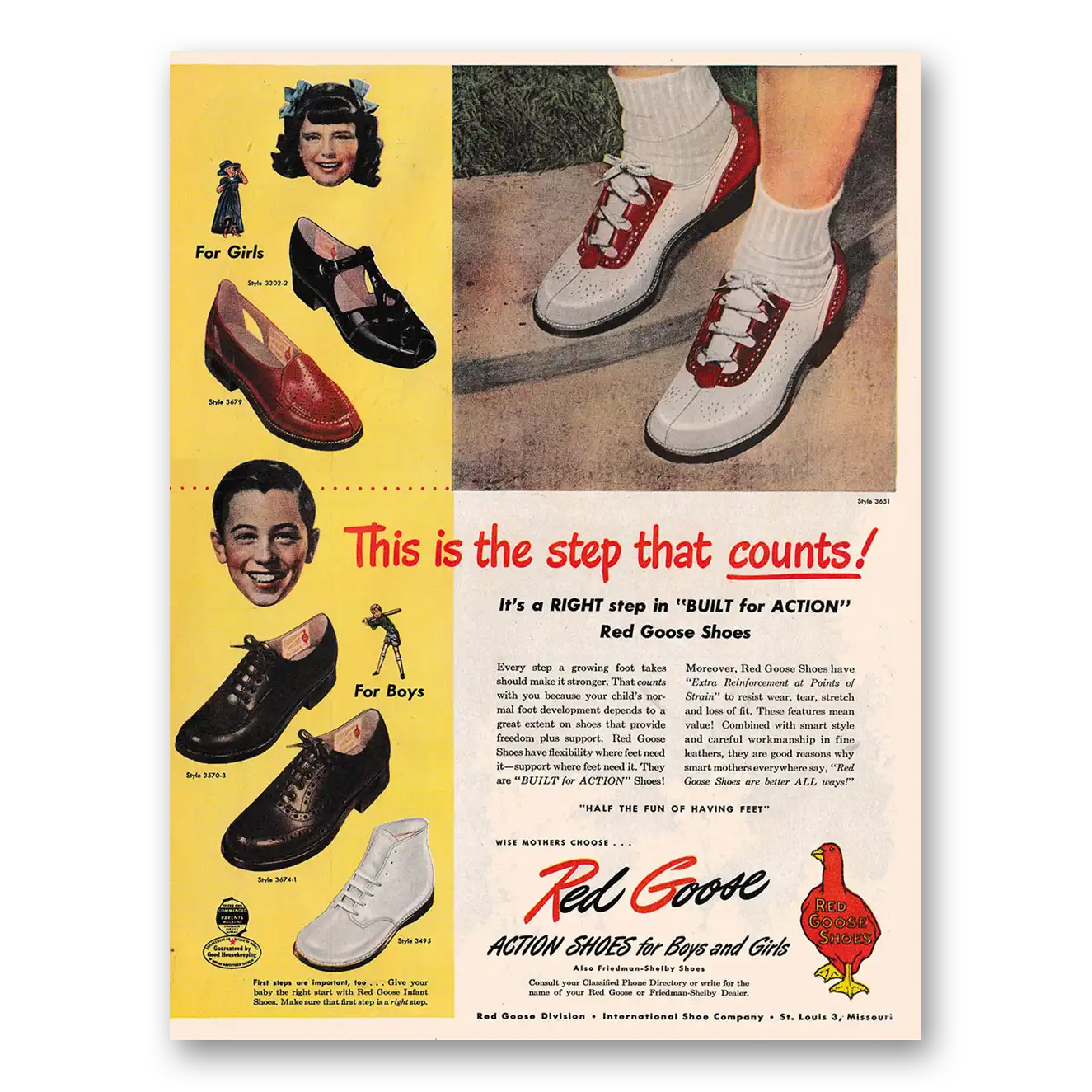 1948 Red Goose Shoes This Is the Step That Counts Vintage Magazine Print Ad