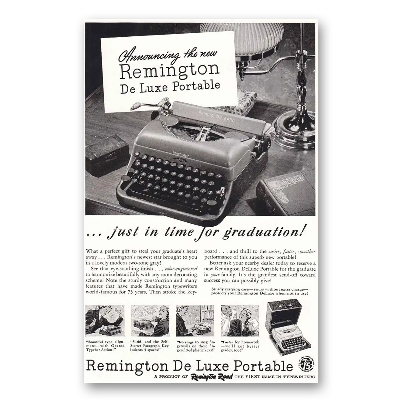 1948 Remington Typewriter Deluxe Portable In Time for Graduation Vintage Magazine Print Ad