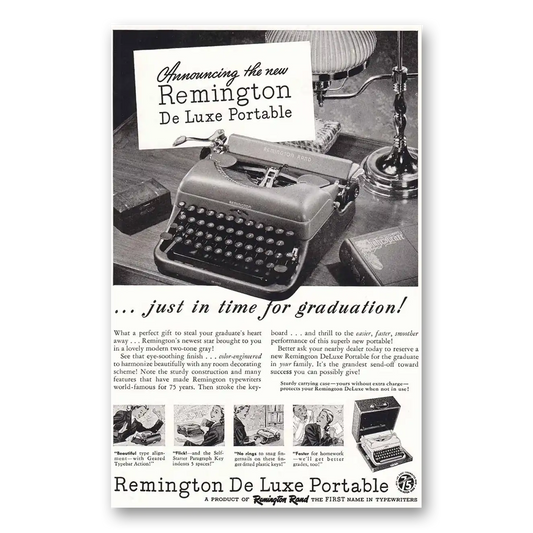 1948 Remington Typewriter Deluxe Portable In Time for Graduation Vintage Magazine Print Ad