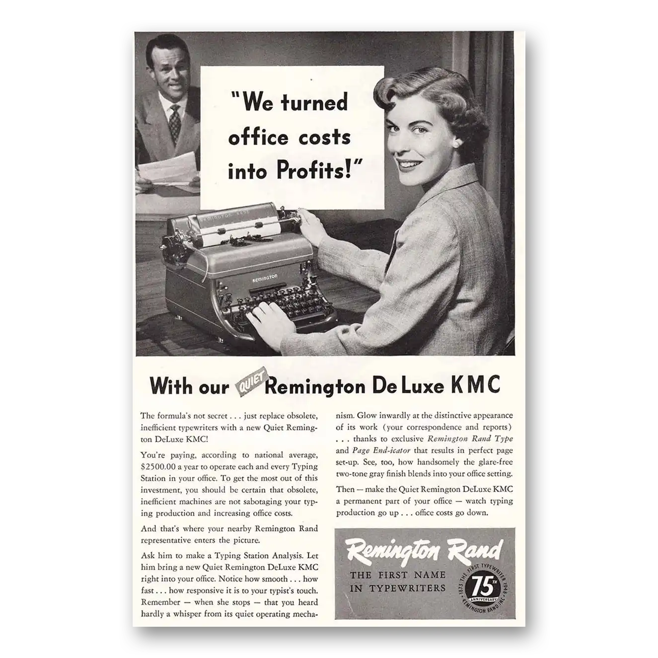 1948 Remington Typewriter De Luxe KMC Office Costs Into Profits Vintage Magazine Print Ad