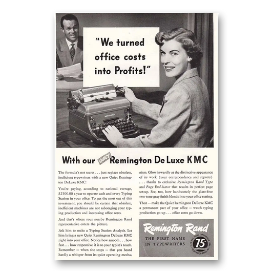 1948 Remington Typewriter De Luxe KMC Office Costs Into Profits Vintage Magazine Print Ad