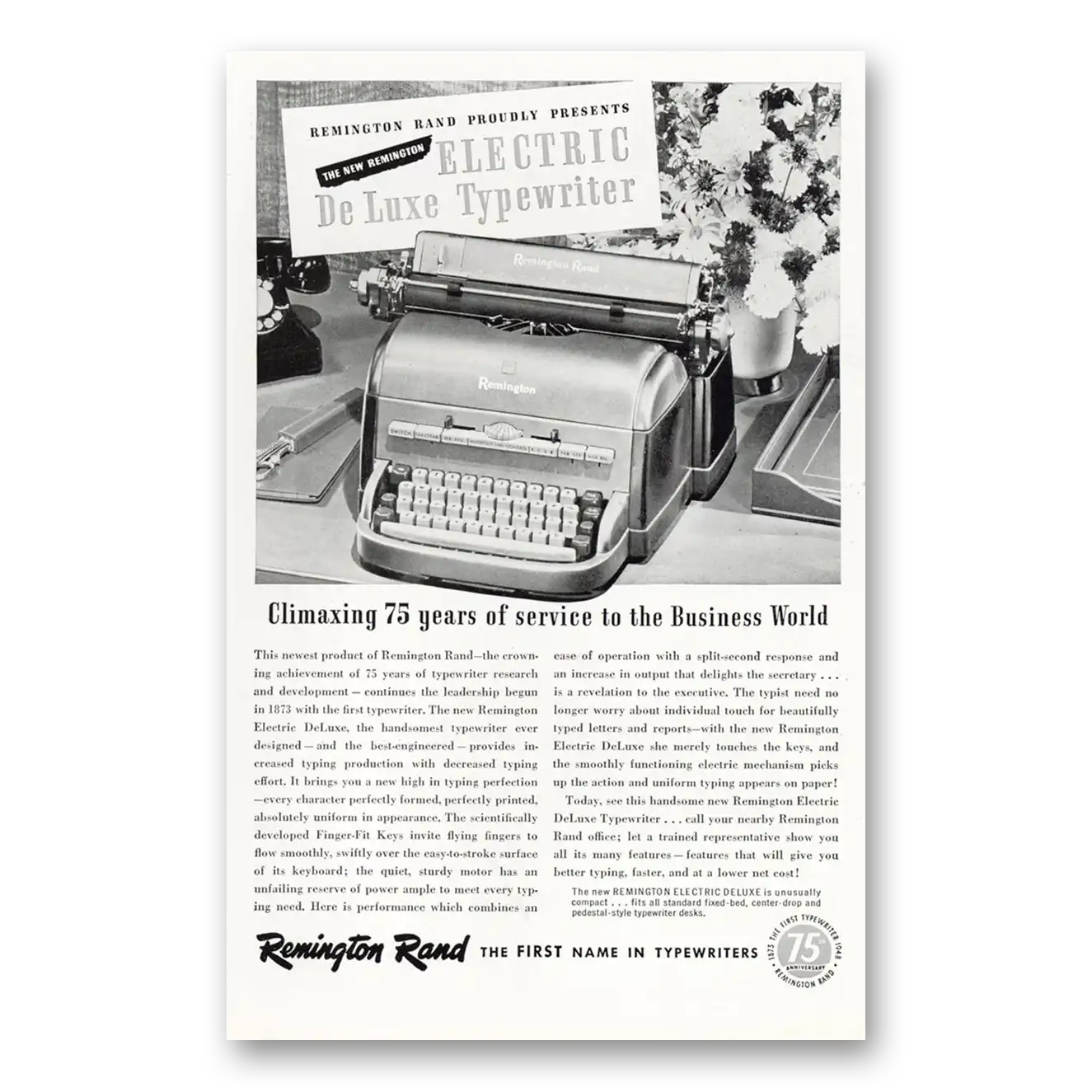 1948 Remington Typewriter Climaxing 75 Years of Service Vintage Magazine Print Ad