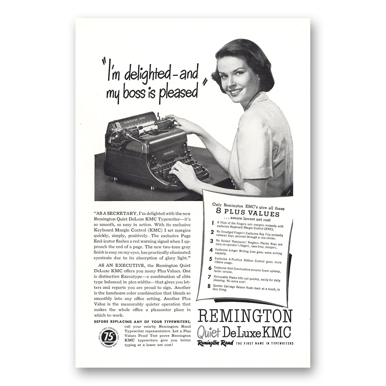 1948 Remington Typewriter Im Delighted and Boss Is Pleased Vintage Magazine Print Ad