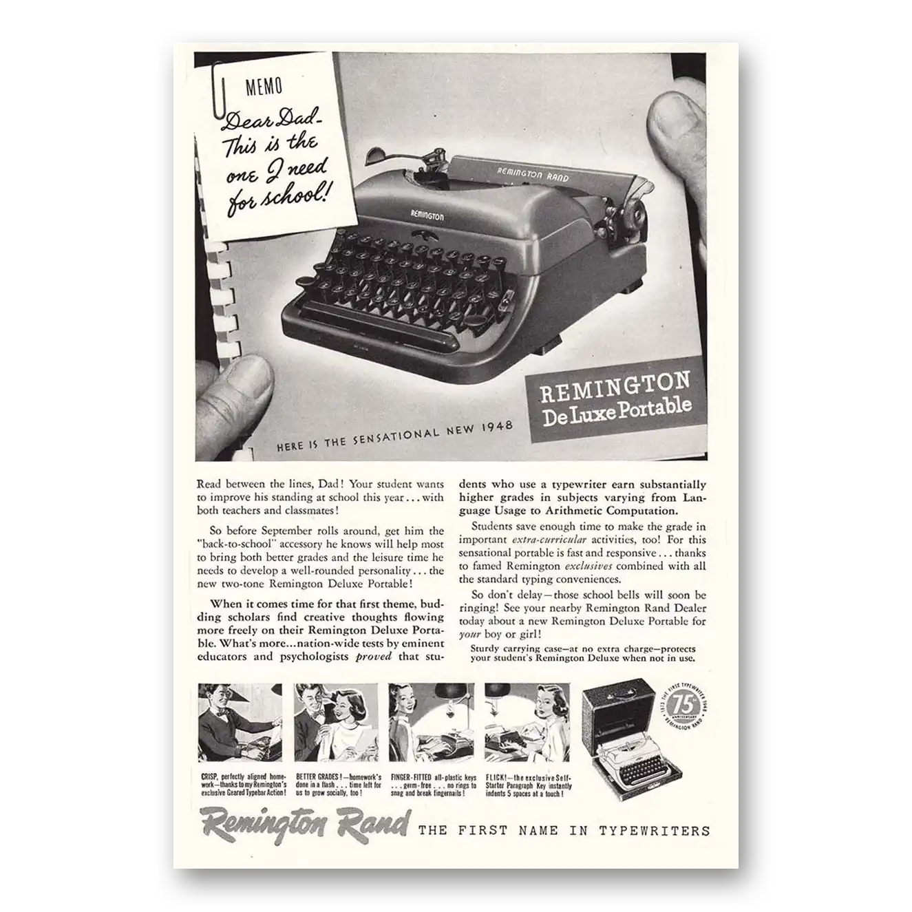 1948 Remington Typewriter Deluxe Portable Read Between the Lines Vintage Magazine Print Ad