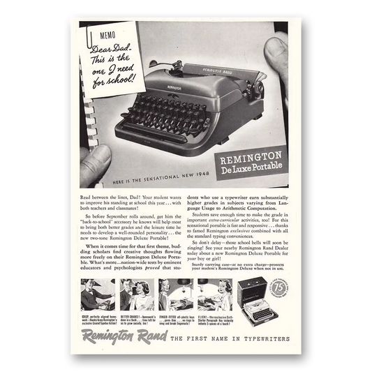 1948 Remington Typewriter Deluxe Portable Read Between the Lines Vintage Magazine Print Ad