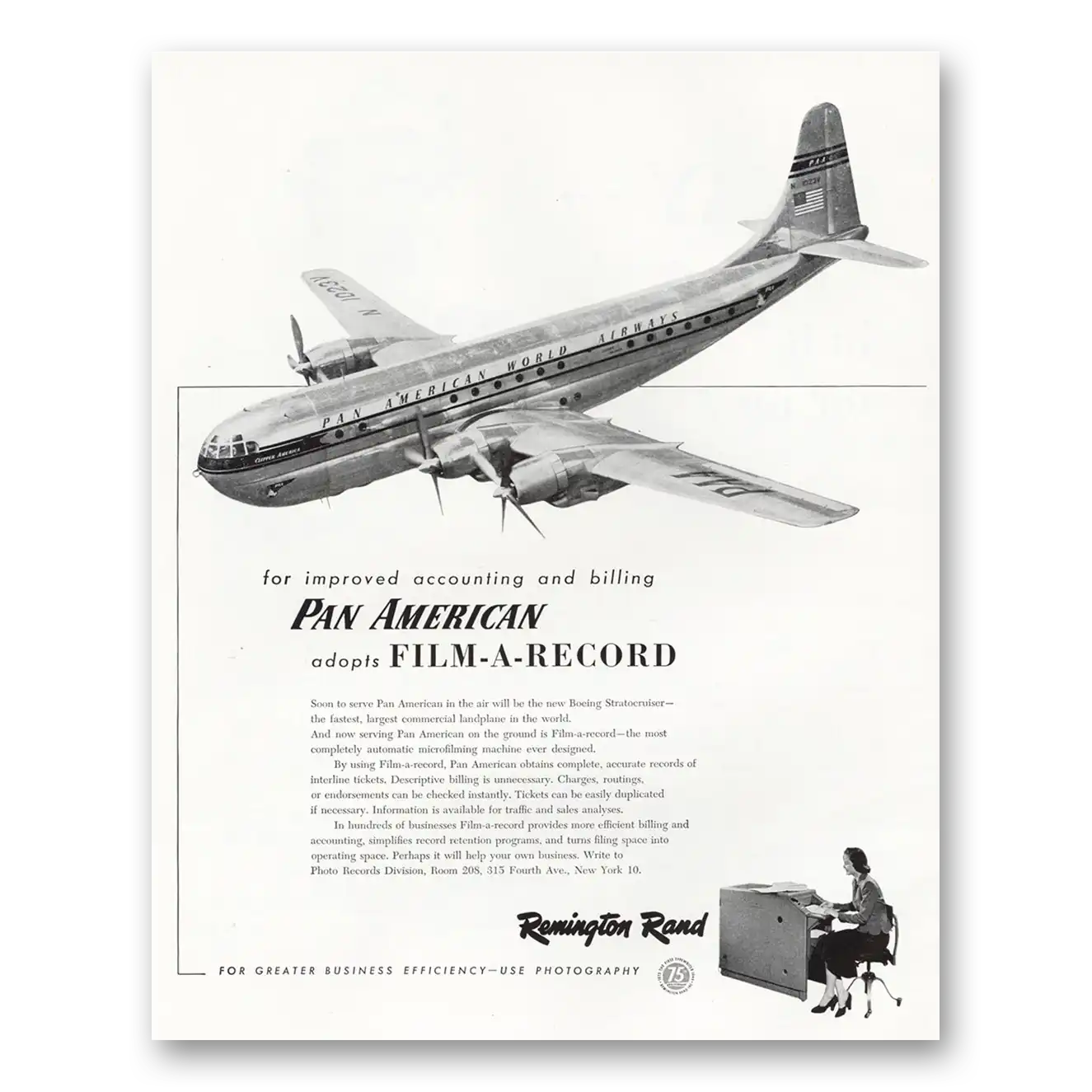 1948 Remington Rand Pan American Adopts Film a Record Vintage Magazine Print Ad