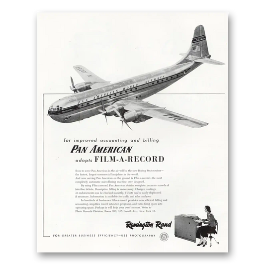 1948 Remington Rand Pan American Adopts Film a Record Vintage Magazine Print Ad