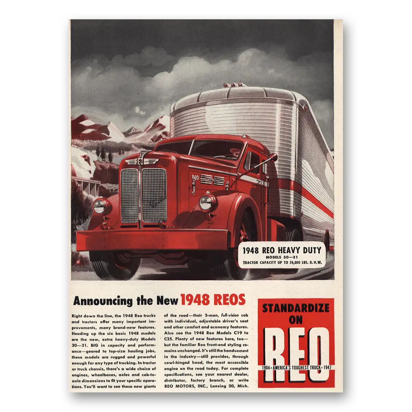 1948 Reo Trucks Standardize Vintage Magazine Print Ad