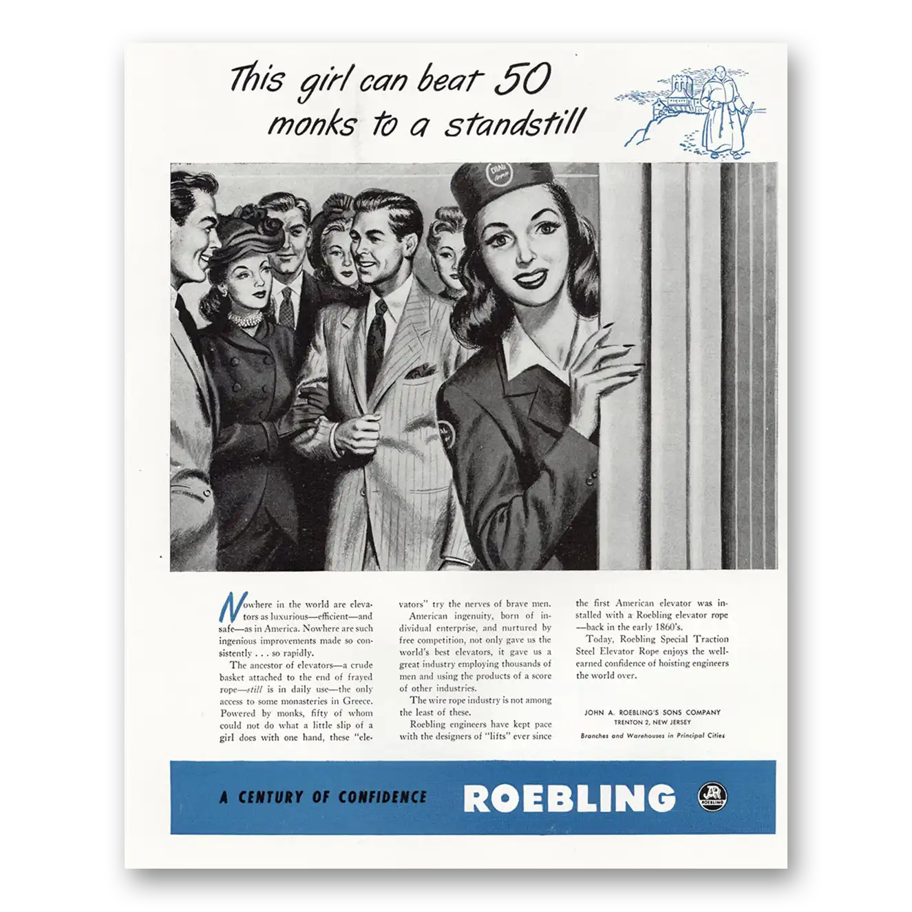 1948 Roebling Girl Can Beat 50 Monks to a Standstill Vintage Magazine Print Ad