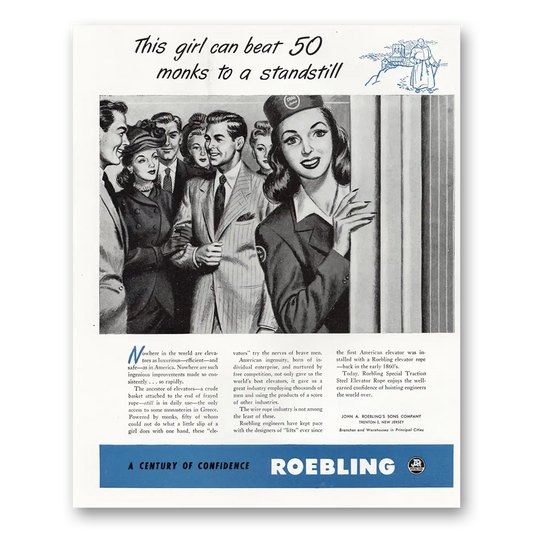 1948 Roebling Girl Can Beat 50 Monks to a Standstill Vintage Magazine Print Ad