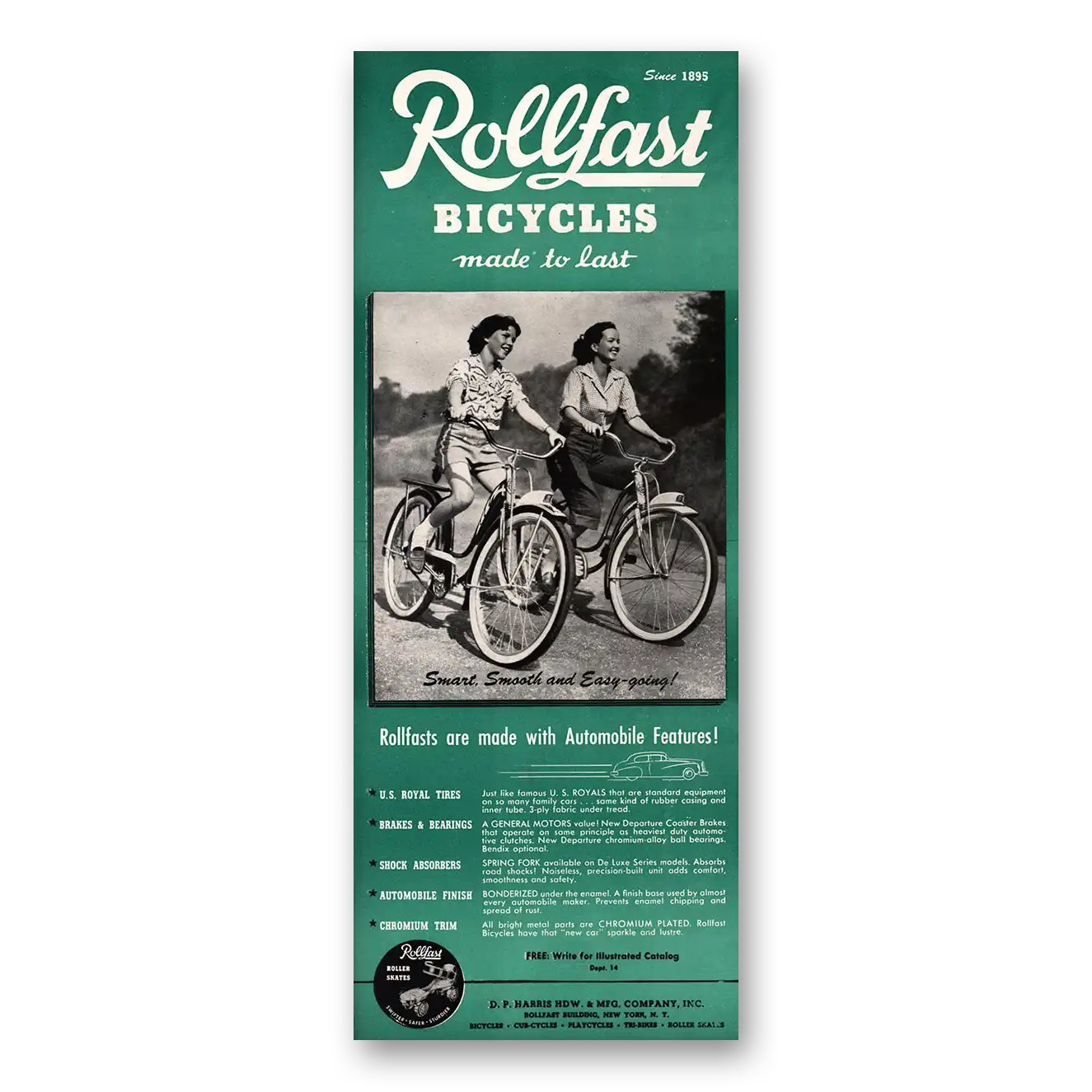 1948 Rollfast Bicycles Made With Automobile Features Vintage Magazine Print Ad