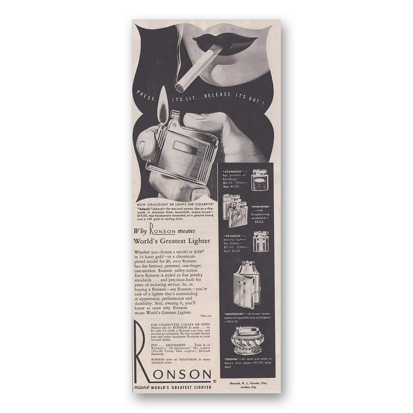 1948 Ronson Lighters Press Its Lit Vintage Magazine Print Ad