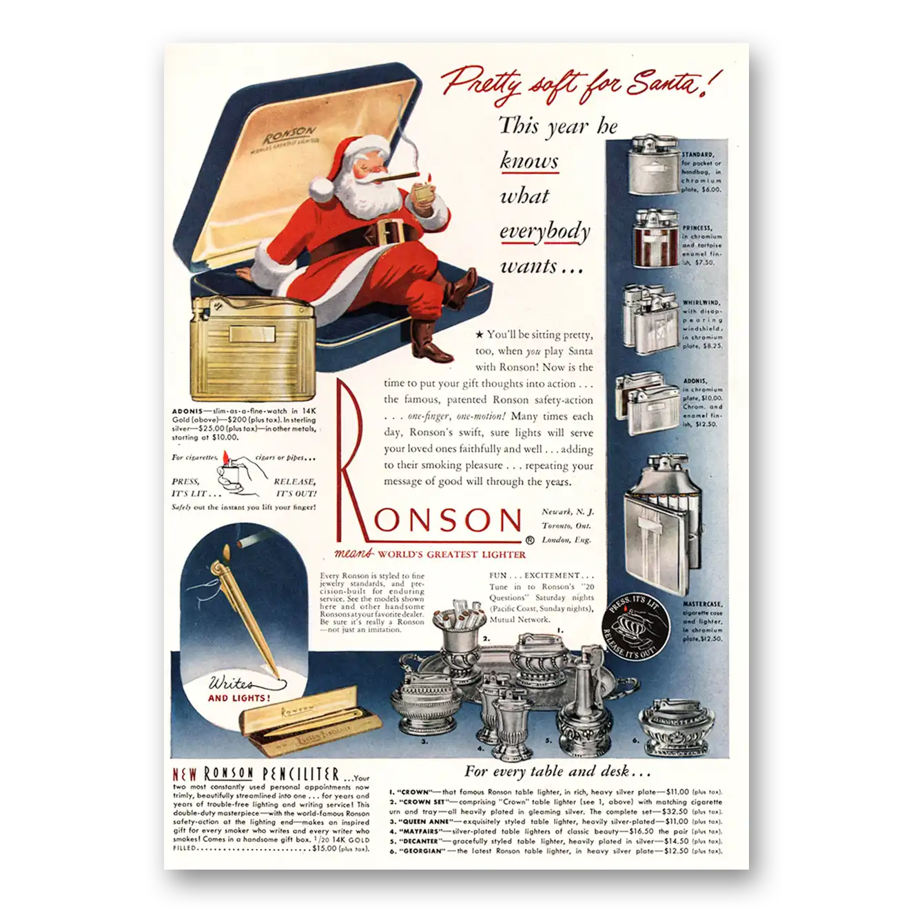 1948 Ronson Lighters Pretty Soft for Santa Vintage Magazine Print Ad