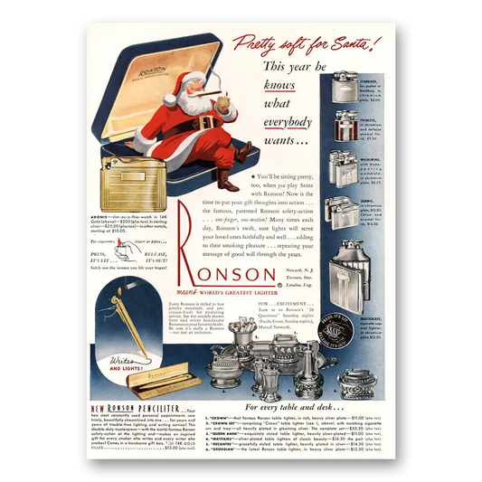 1948 Ronson Lighters Pretty Soft for Santa Vintage Magazine Print Ad