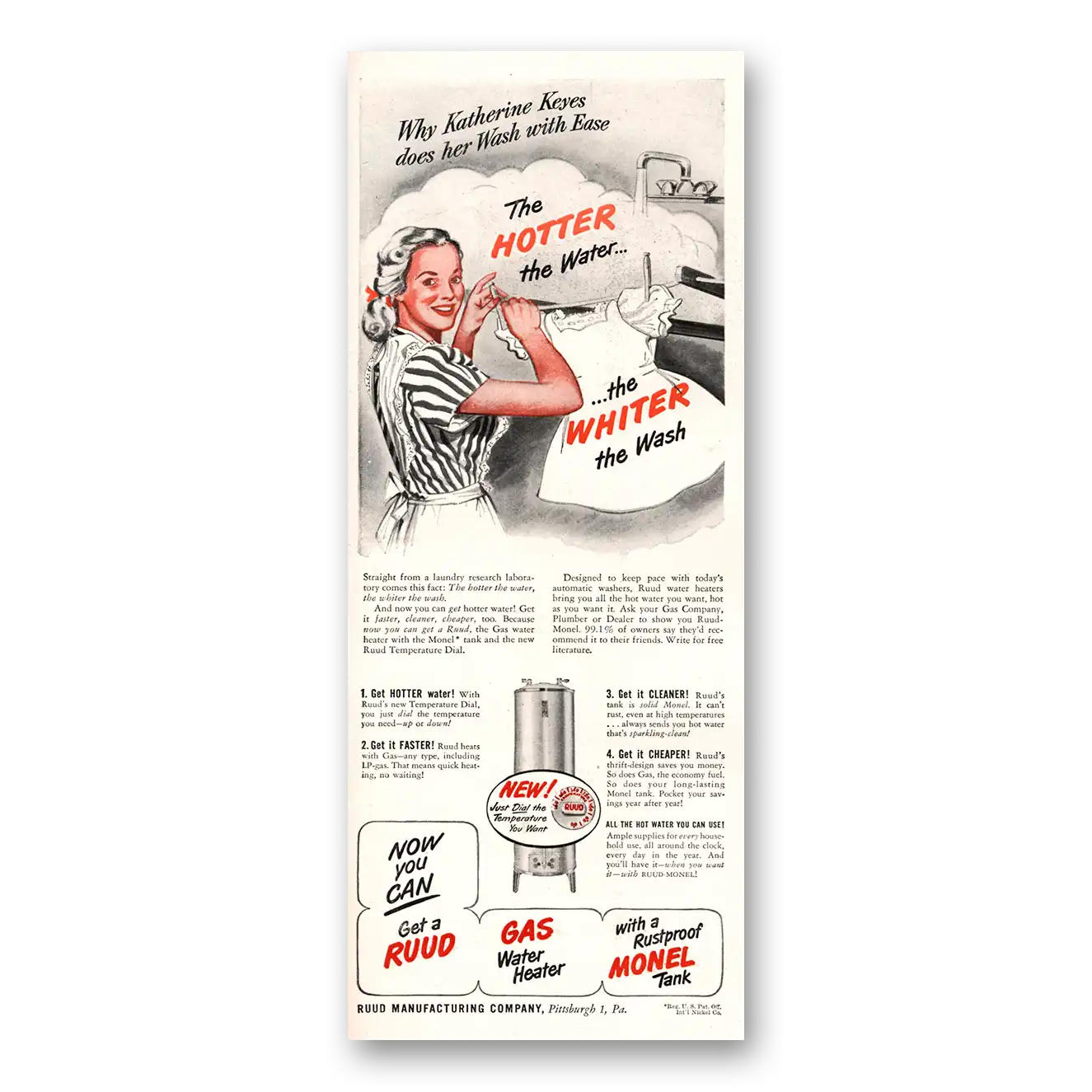 1948 Ruud Gas Water Heater Hotter the Water the Whiter the Wash Vintage Magazine Print Ad