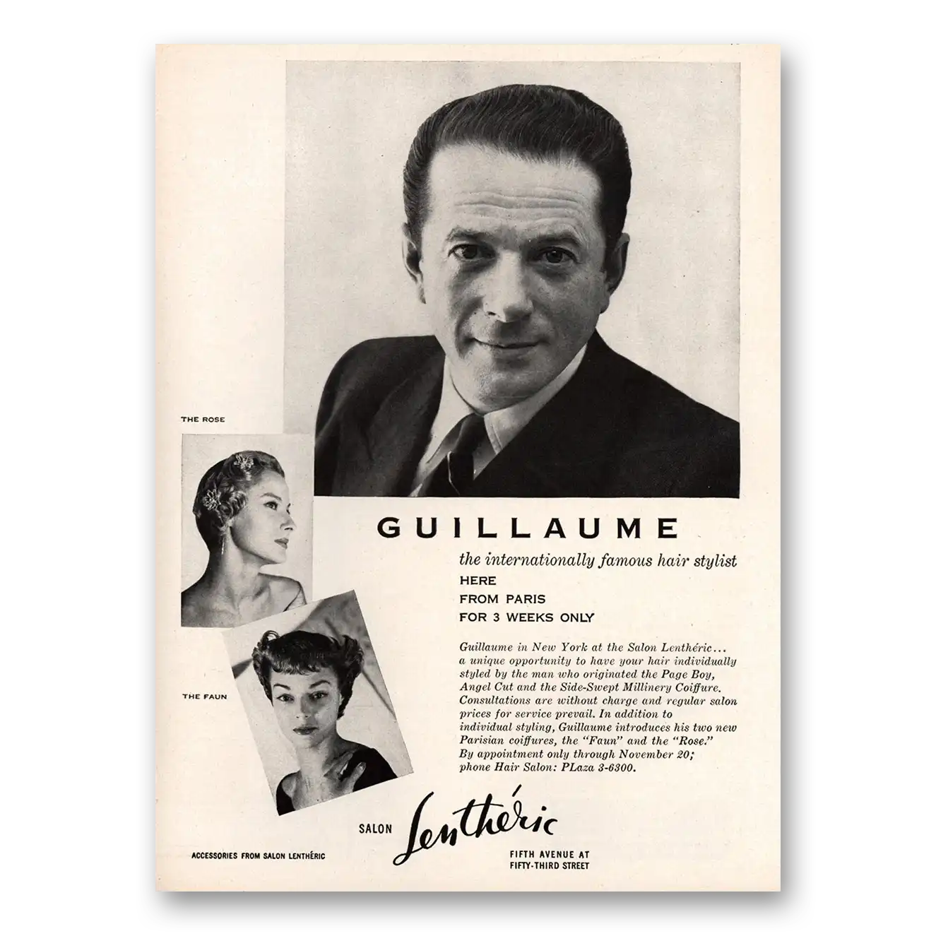 1948 Salon Lentheric Guillaume Internationally Famous Hair Stylist Vintage Magazine Print Ad