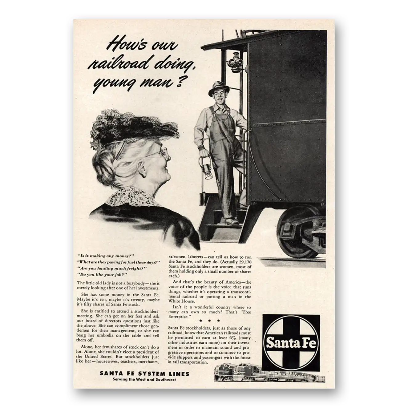 1948 Santa Fe Railway Hows Our Railroad Doing Young Man Vintage Magazine Print Ad