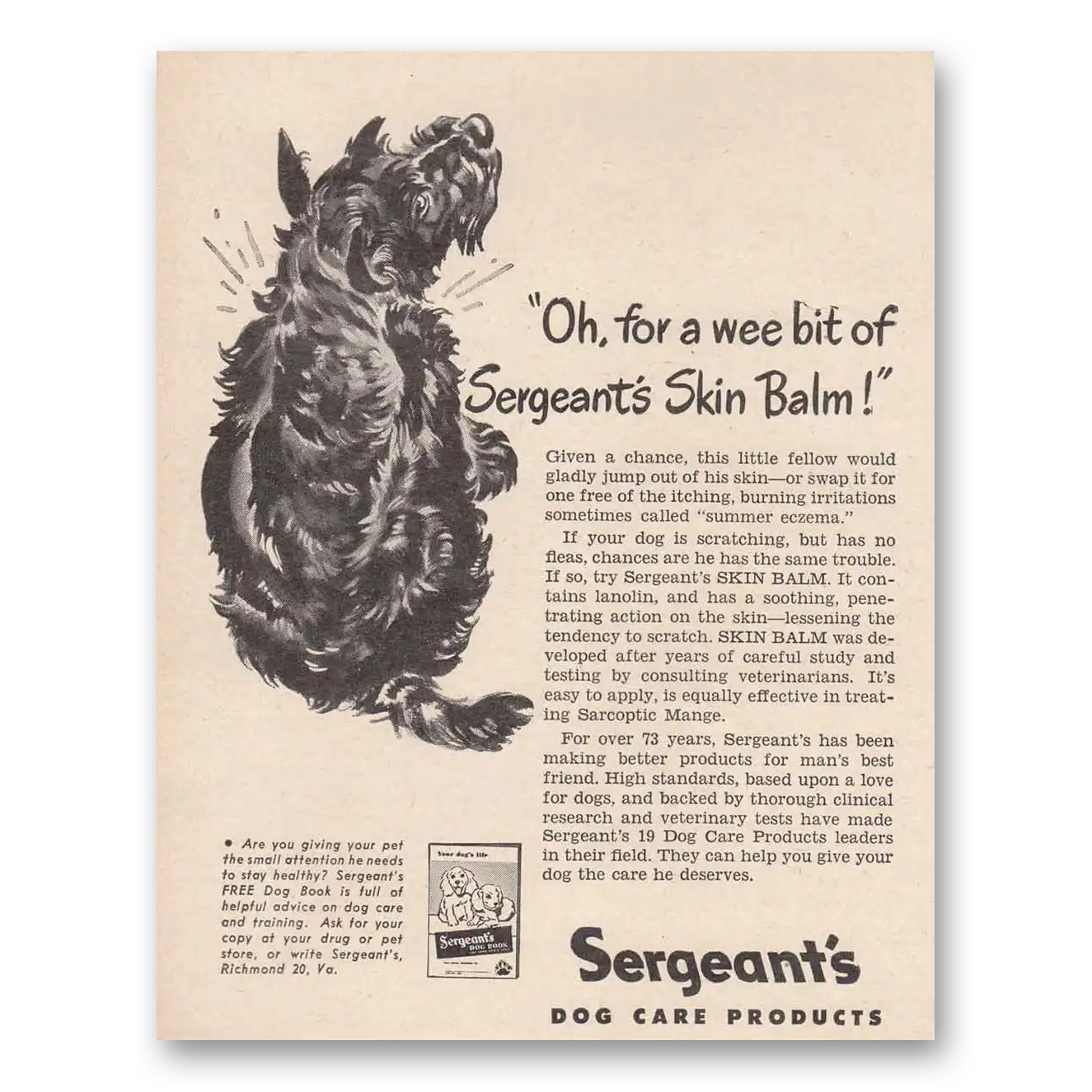 1948 Sergeants Skin Balm Wee Bit of Sergeant Vintage Magazine Print Ad