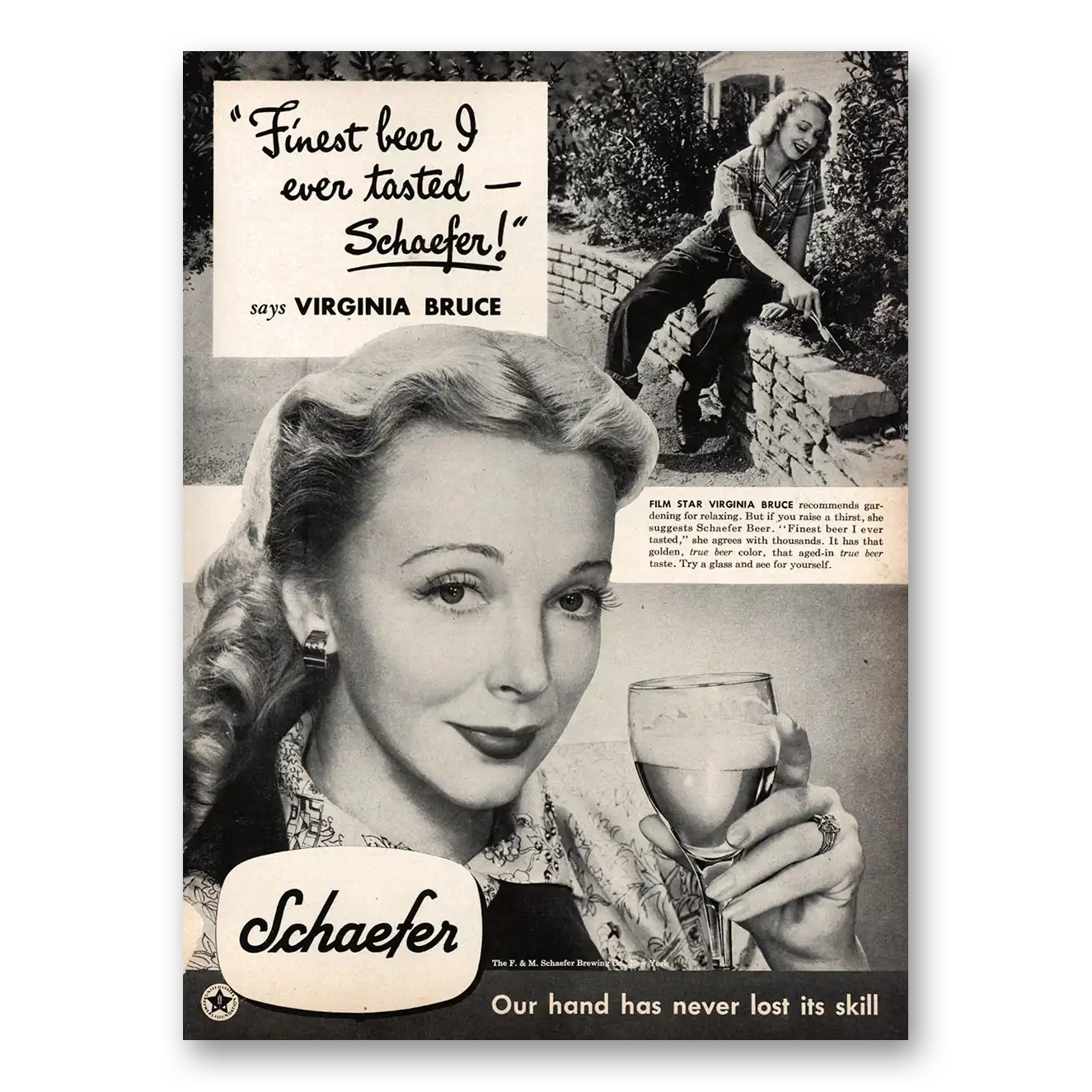 1948 Schaefer Beer Virginia Bruce Vintage Magazine Print Ad