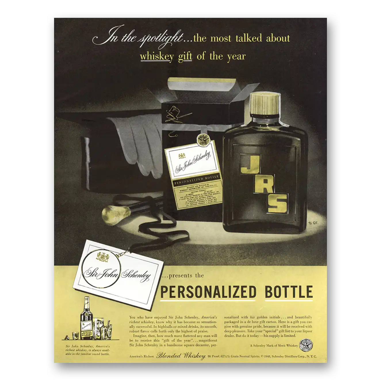 1948 Schenley Whiskey Personalized Bottle Vintage Magazine Print Ad