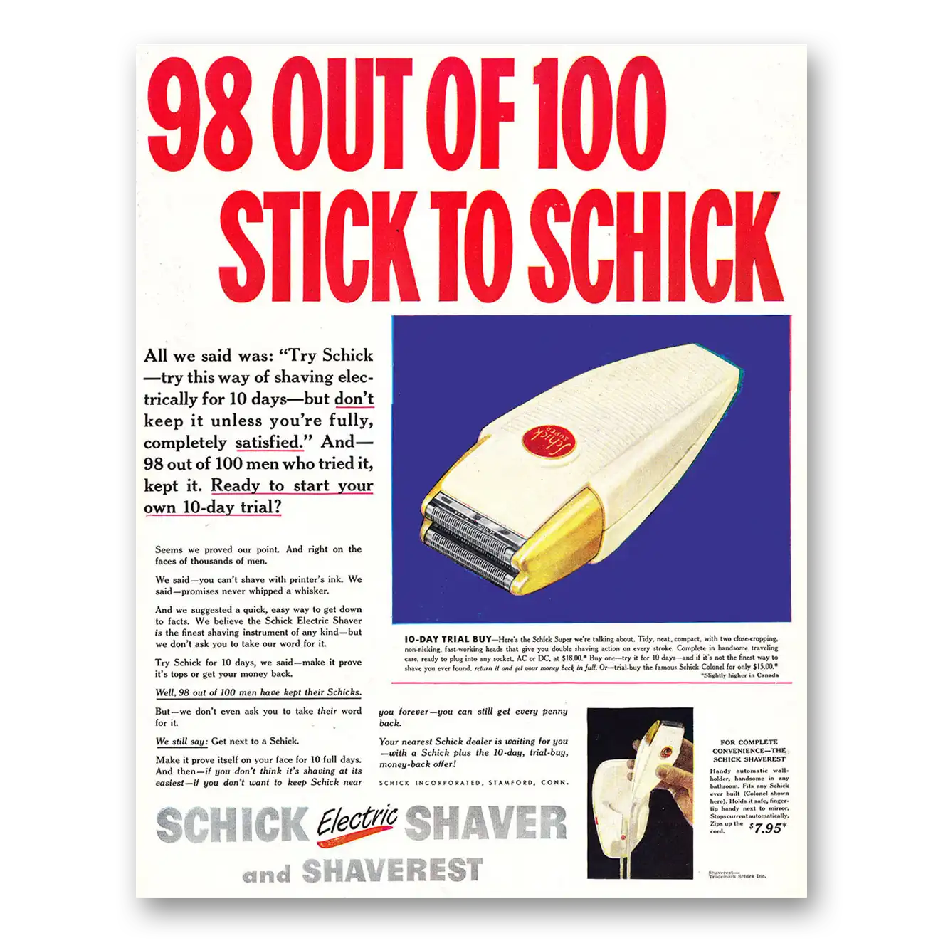 1948 Schick Electric Shaver 98 Out of 100 Stick to Schick Vintage Magazine Print Ad