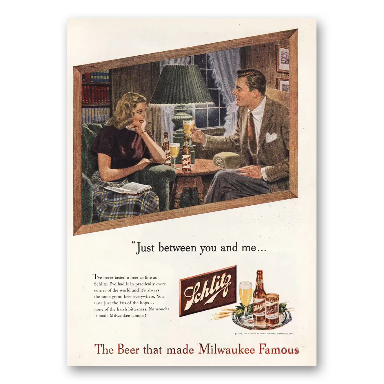 1948 Schlitz Beer Just Between You and Me Vintage Magazine Print Ad