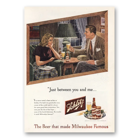 1948 Schlitz Beer Just Between You and Me Vintage Magazine Print Ad