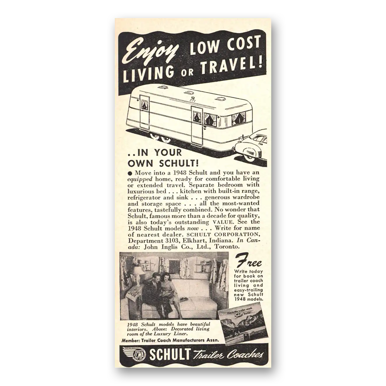 1948 Schult Trailer Coaches Enjoy Low Cost Living or Travel Vintage Magazine Print Ad