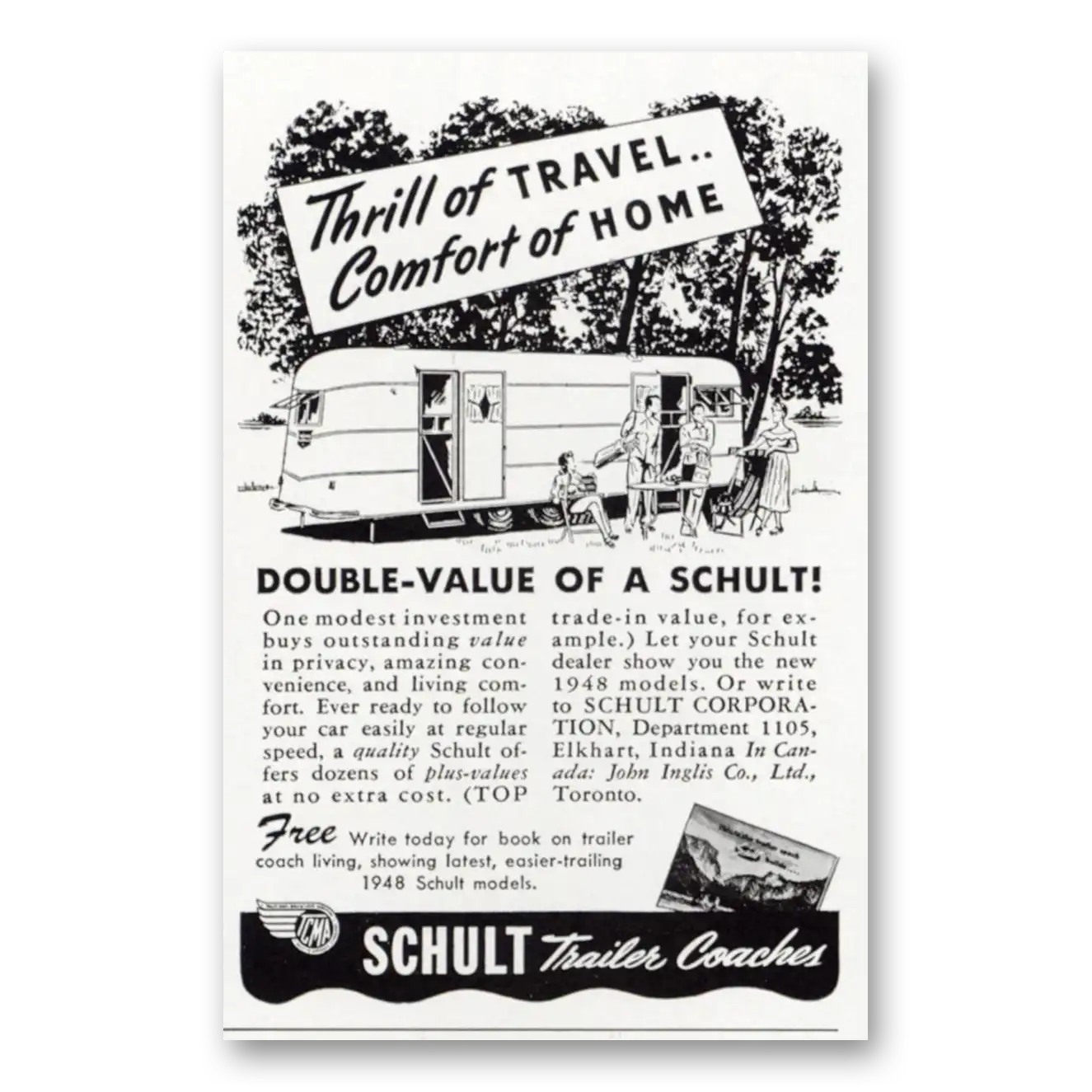 1948 Schult Trailer Coaches Thrill of Travel Comfort of Home Vintage Magazine Print Ad