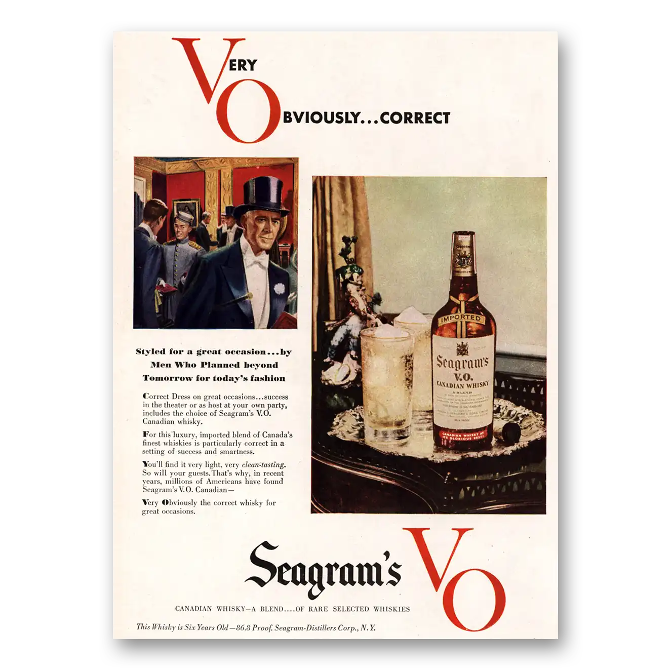 1948 Seagrams VO Whisky Styled for a Great Occasion Vintage Magazine Print Ad