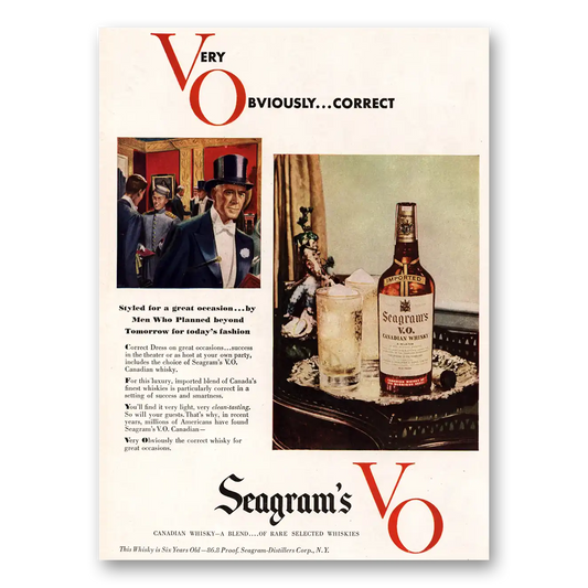 1948 Seagrams VO Whisky Styled for a Great Occasion Vintage Magazine Print Ad