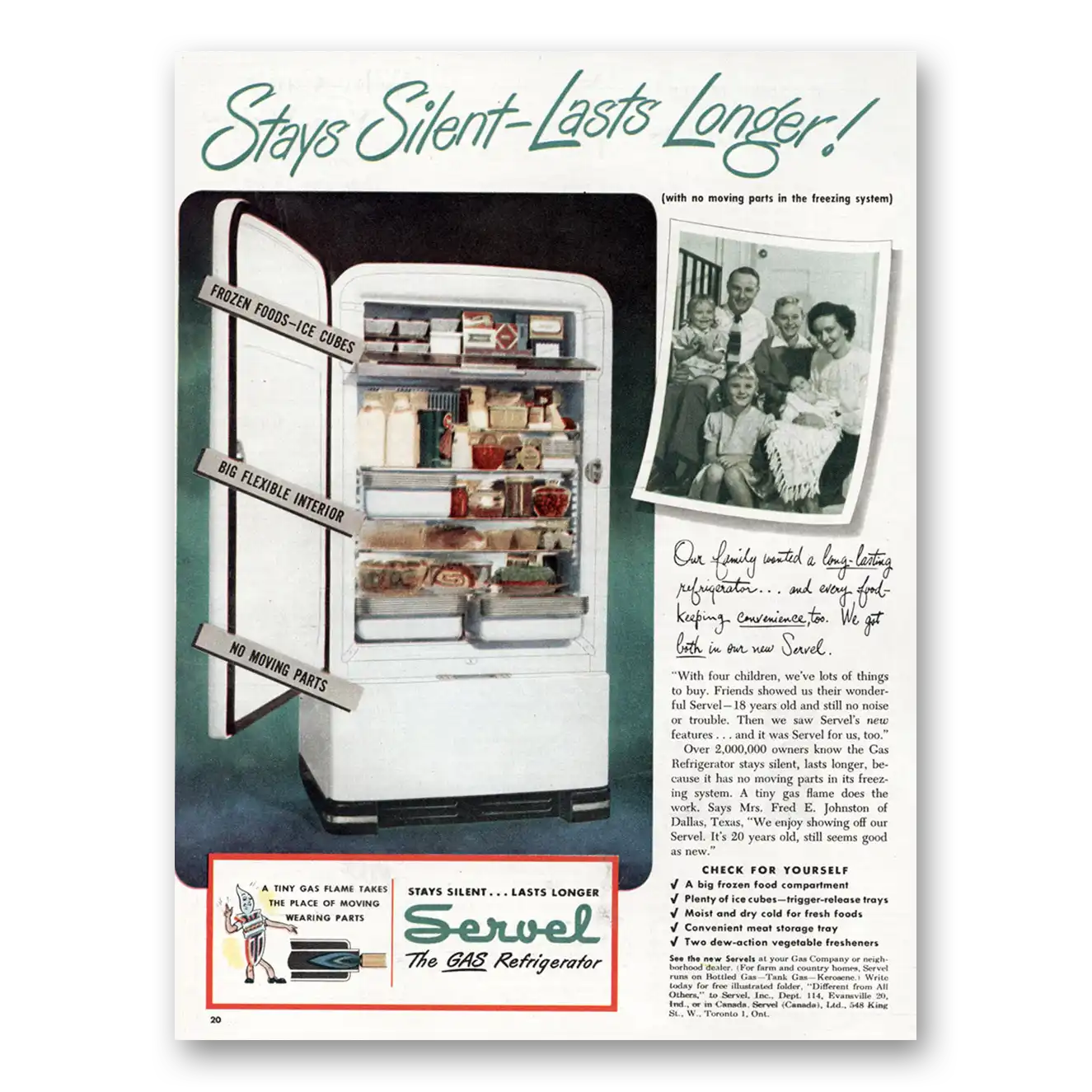 1948 Servel Refrigerator Stays Silent Lasts Longer Vintage Magazine Print Ad