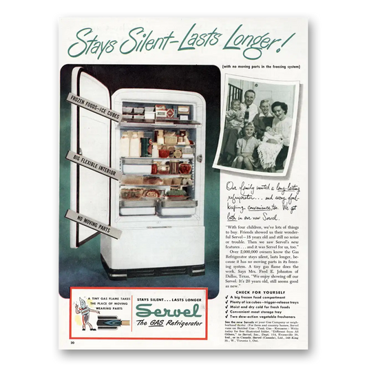 1948 Servel Refrigerator Stays Silent Lasts Longer Vintage Magazine Print Ad