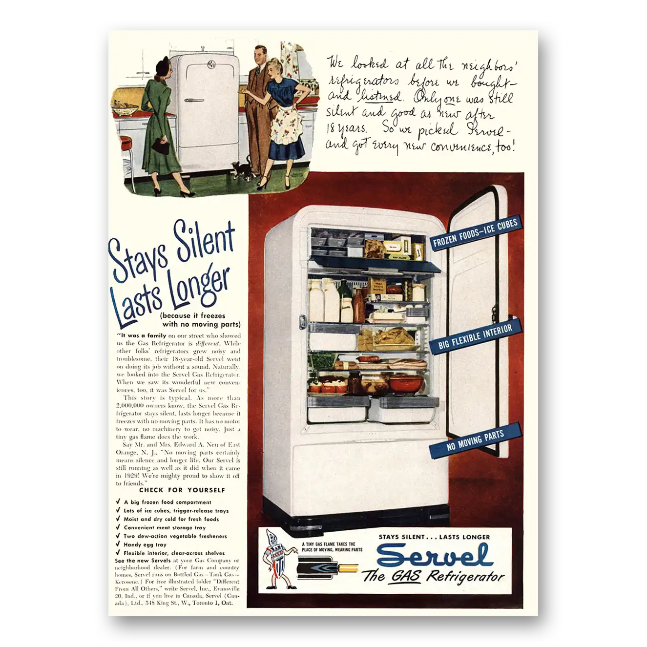 1948 Servel Refrigerator Stays Silent Lasts Longer Vintage Magazine Print Ad