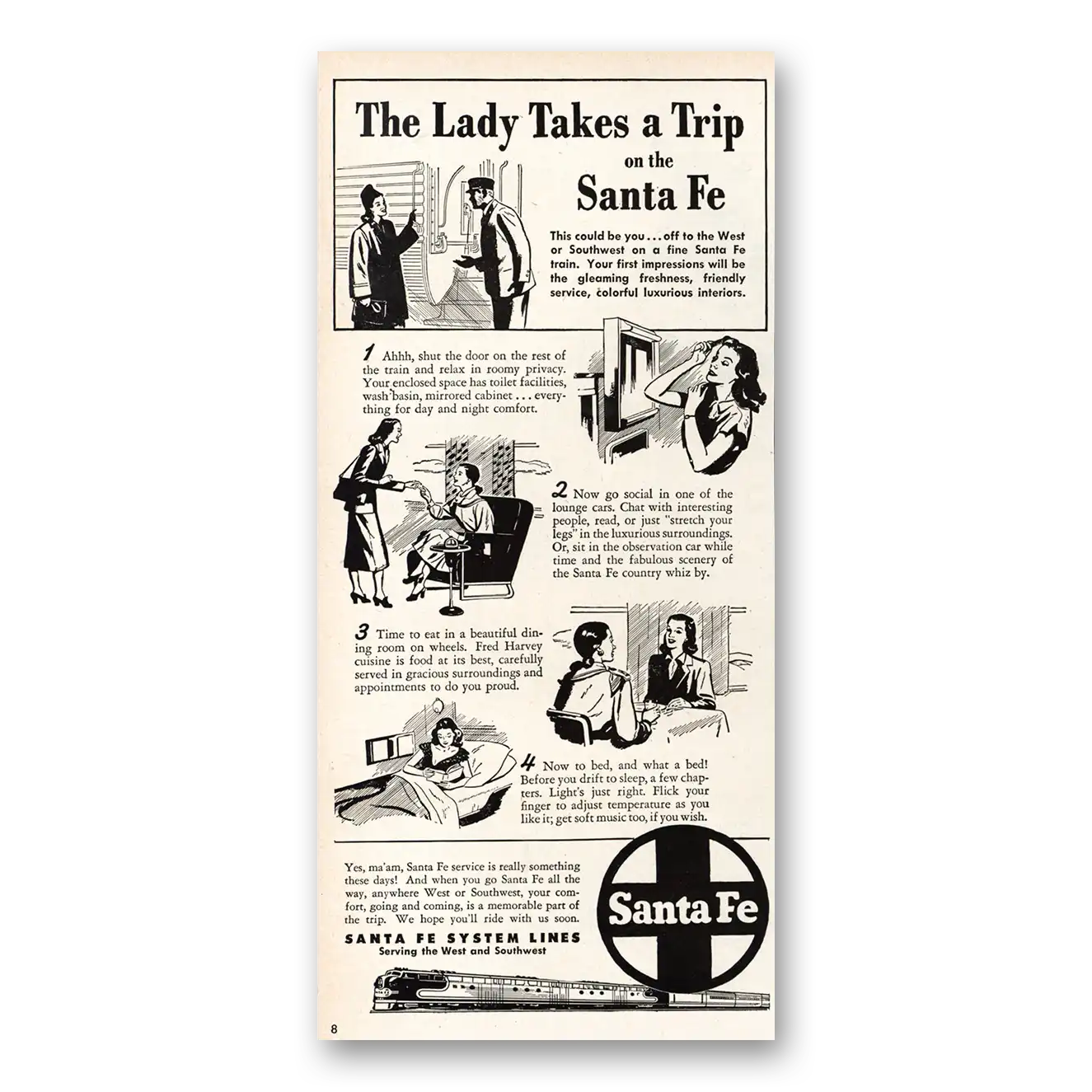 1948 Santa Fe Railway Lady Takes a Trip Vintage Magazine Print Ad