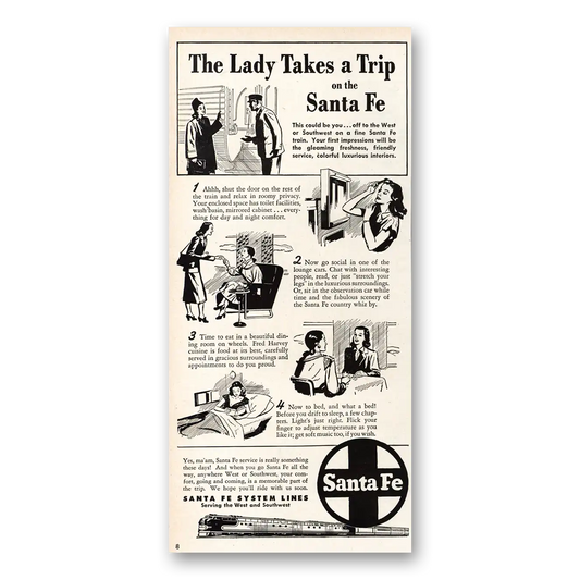 1948 Santa Fe Railway Lady Takes a Trip Vintage Magazine Print Ad