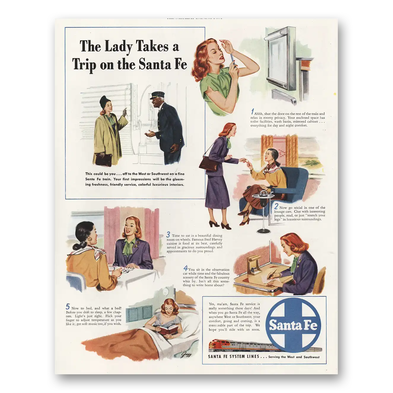 1948 Santa Fe Railway Lady Takes a Trip Vintage Magazine Print Ad