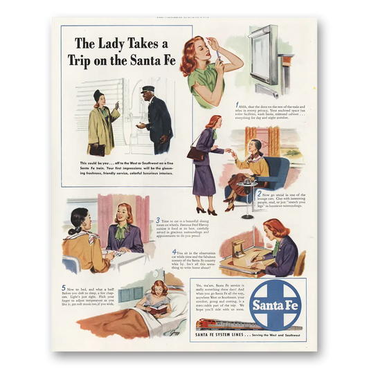 1948 Santa Fe Railway Lady Takes a Trip Vintage Magazine Print Ad