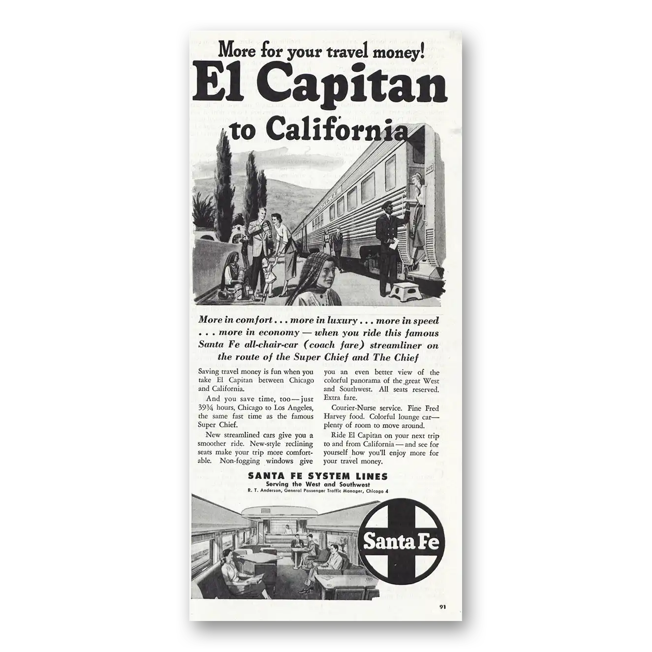 1948 Santa Fe Railway El Capitan to California Vintage Magazine Print Ad