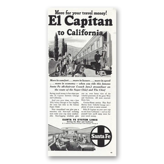 1948 Santa Fe Railway El Capitan to California Vintage Magazine Print Ad