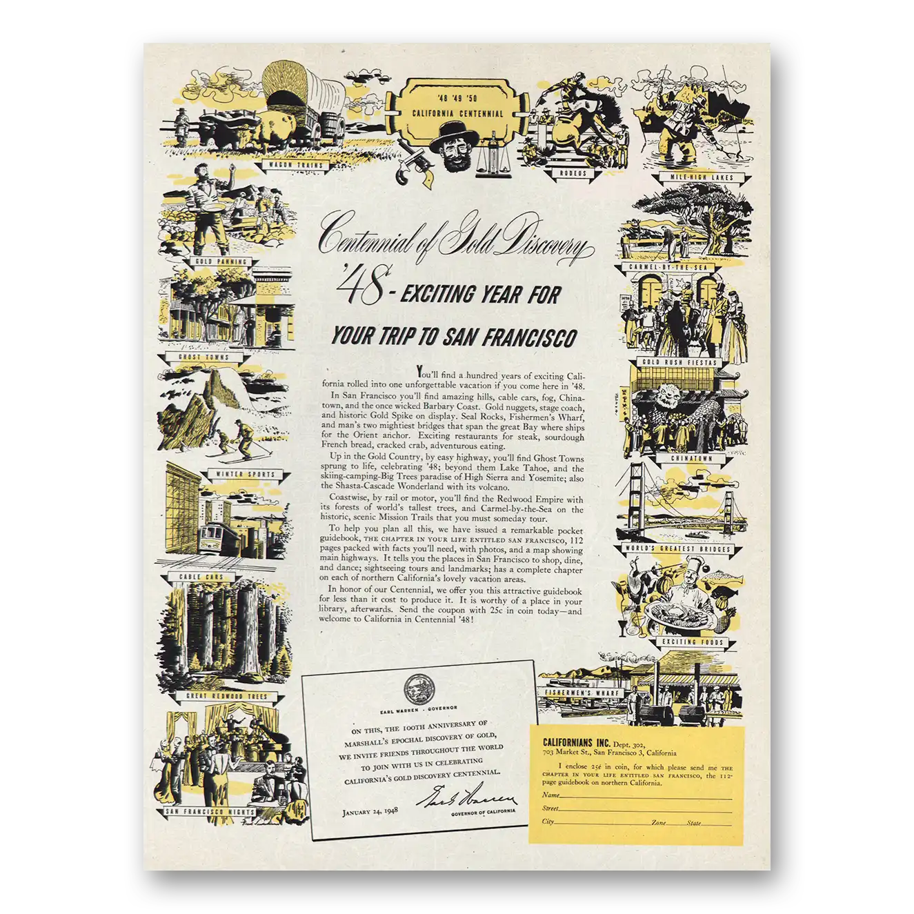 1948 San Francisco California Centennial of Gold Discovery Vintage Magazine Print Ad