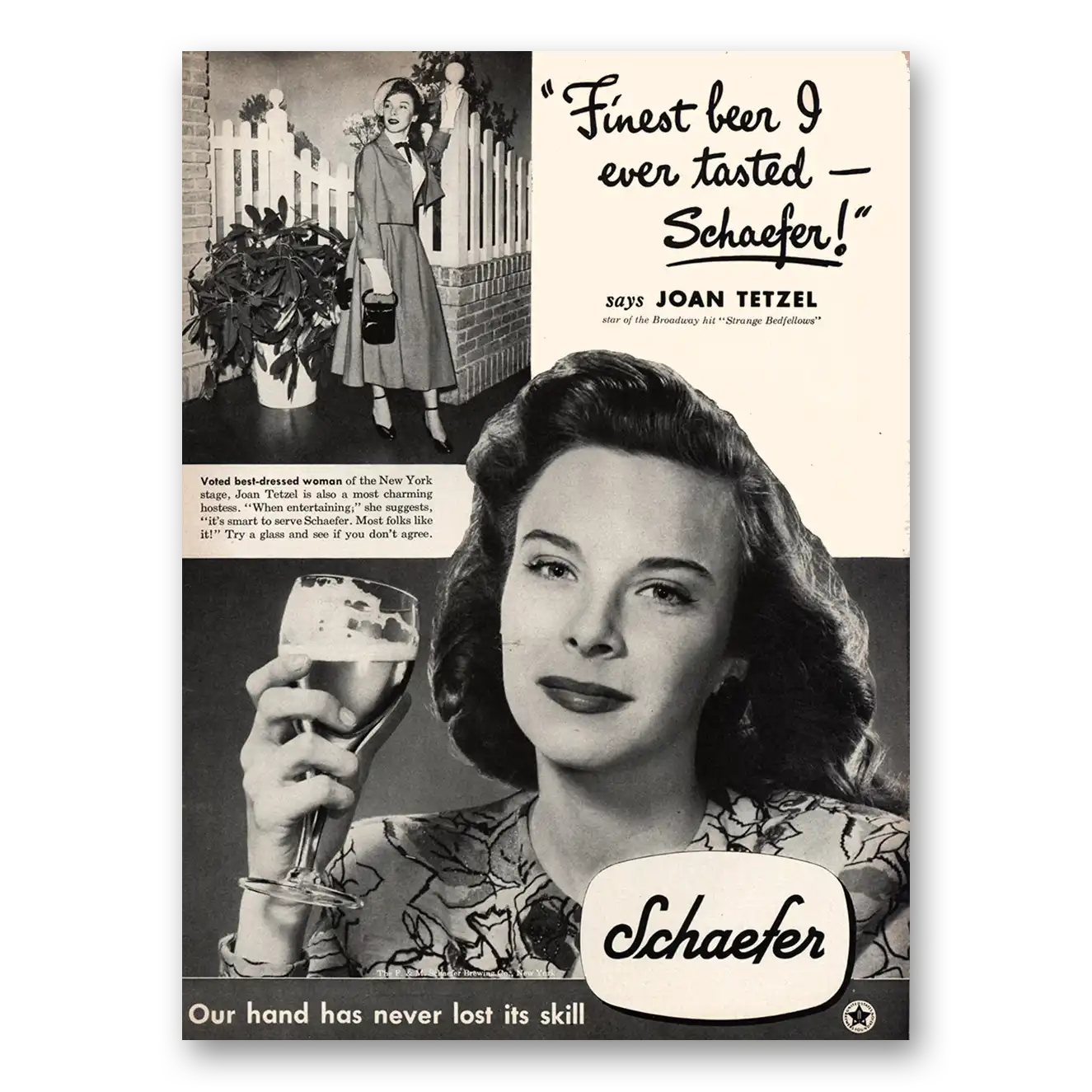 1948 Schaefer Beer Finest Beer I Ever Tasted Joan Tetzel Vintage Magazine Print Ad