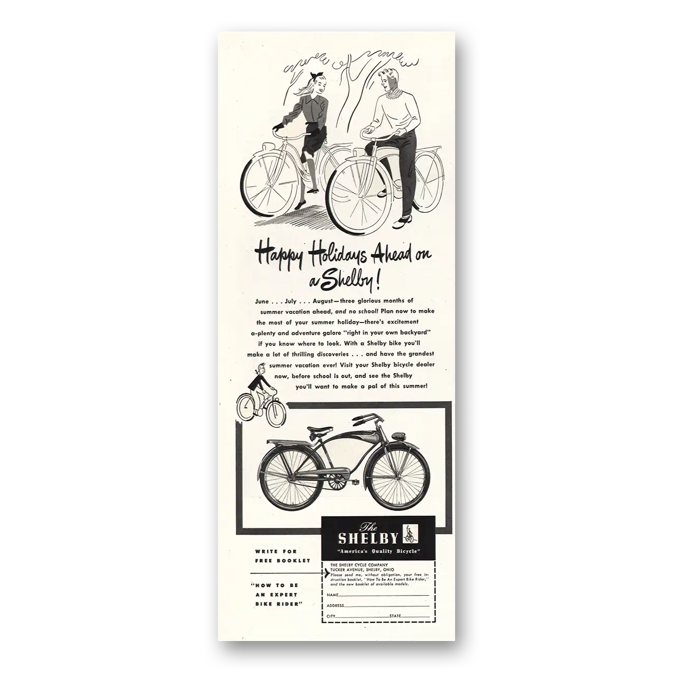 1948 Shelby Bicycle Happy Holidays Ahead Vintage Magazine Print Ad