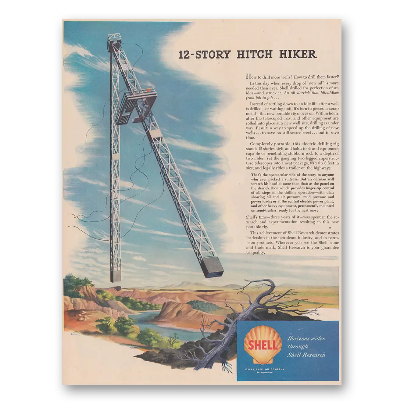 1948 Shell Research 12 Story Hitch Hiker Vintage Magazine Print Ad