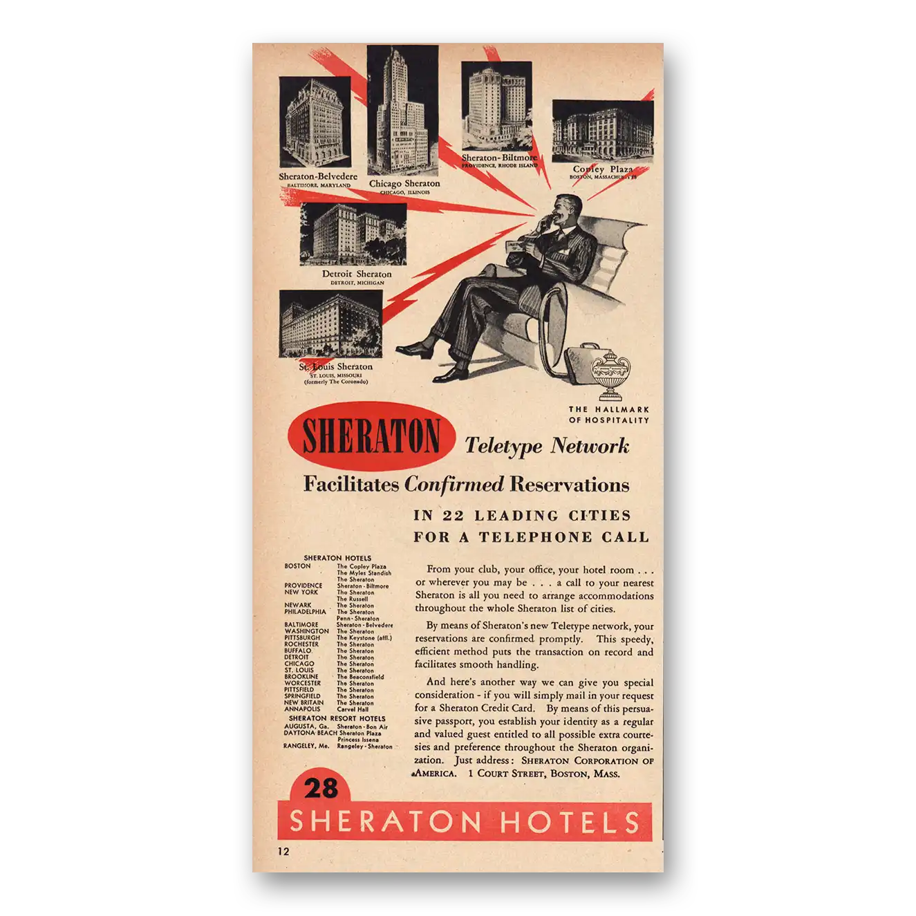 1948 Sheraton Hotels Teletype Network Confirmed Reservations Vintage Magazine Print Ad