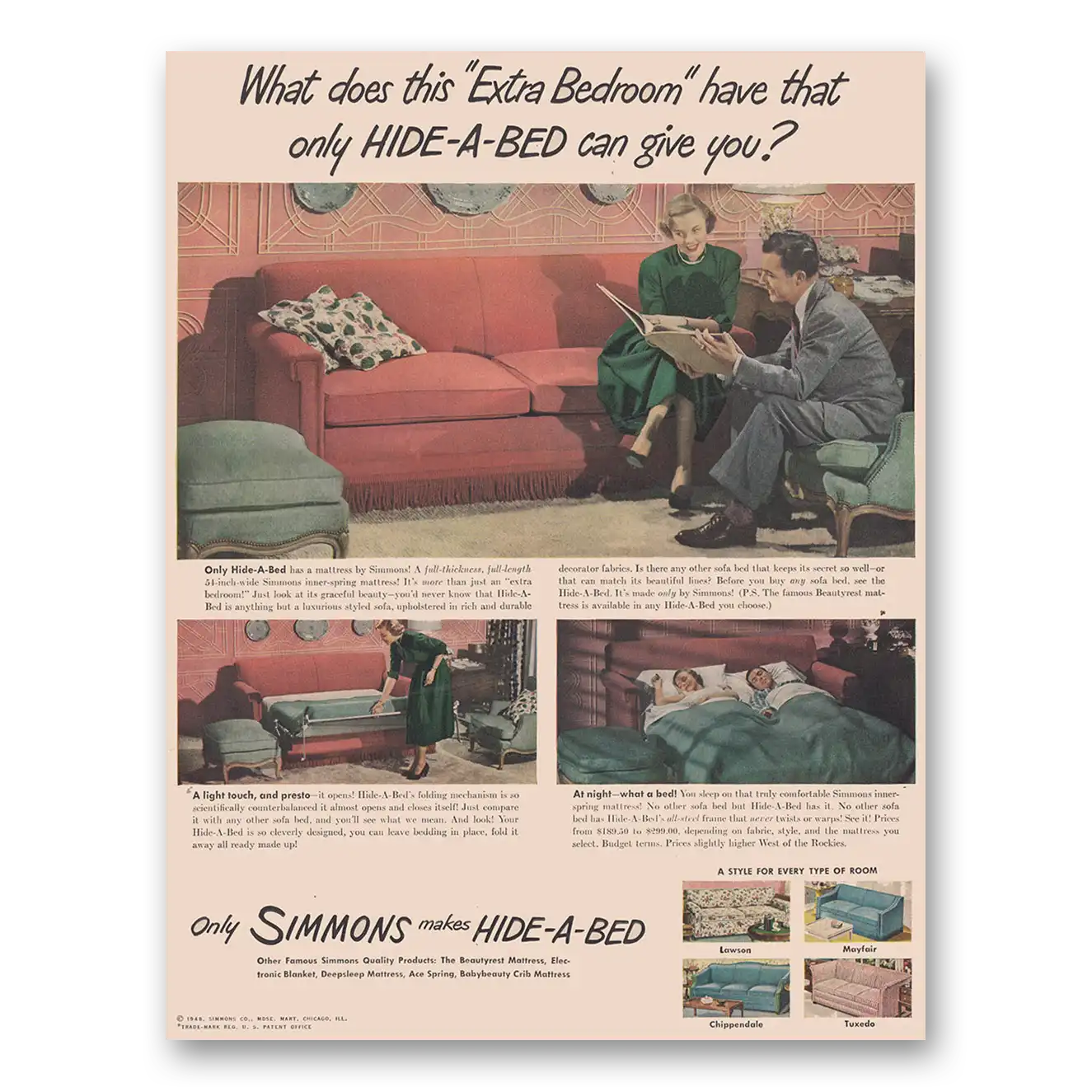 1948 Simmons Hide A Bed What Does This Extra Bedroom Have Vintage Magazine Print Ad