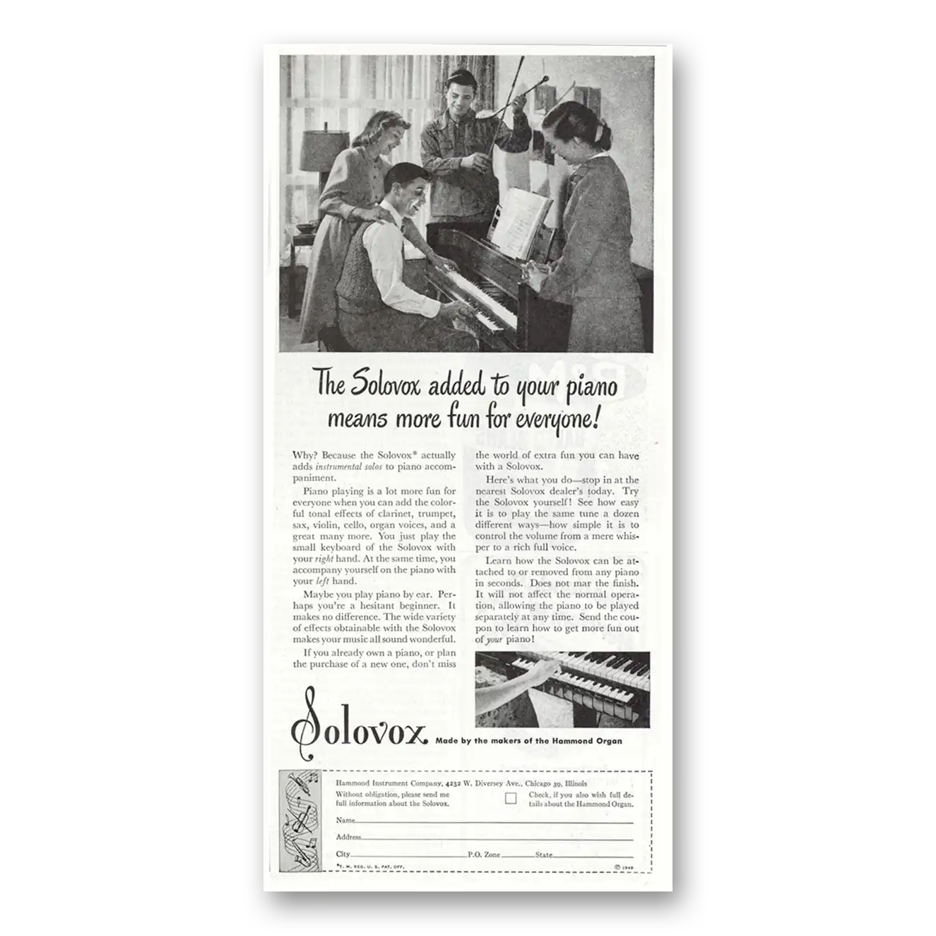 1948 Solovox Added To Your Piano Means More Fun Vintage Magazine Print Ad